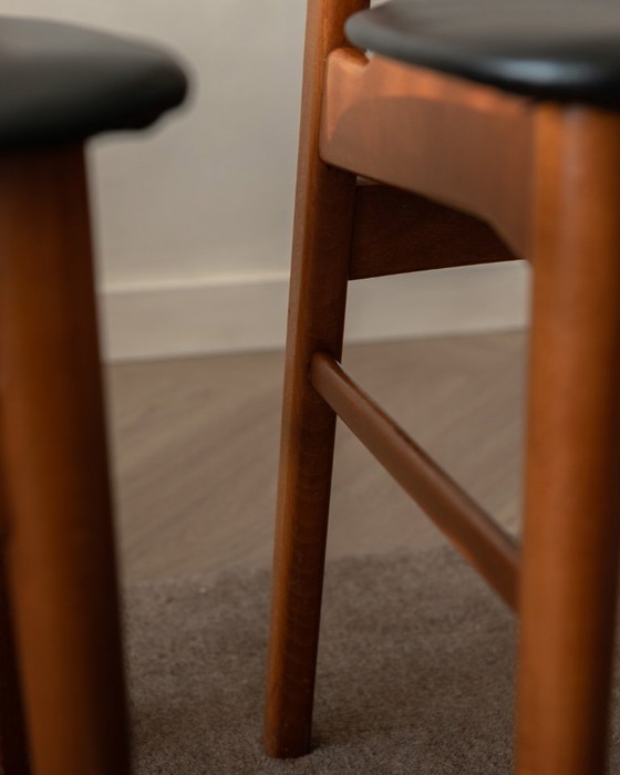 Image 1 of Vintage Danish Dining Chairs, Teak Backrest and Beech Frame, Newly Upholstered Black Skai Seats, 1960s
