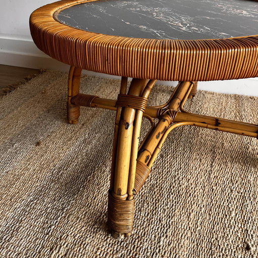 Bamboo rattan coffee table marble look top vintage