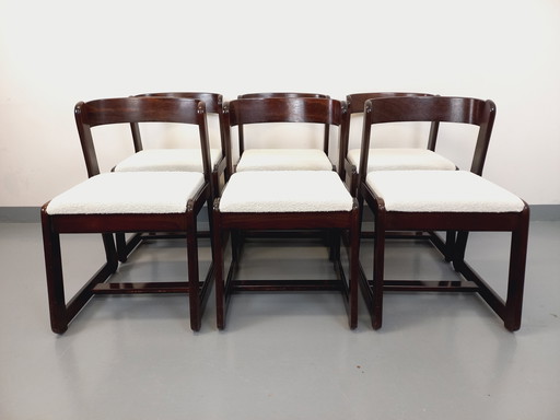 Suite van 6 vintage Italiaanse sledestoelen van Willy Rizzo voor Mario Sabot in hout en bouclette stof uit de jaren 70