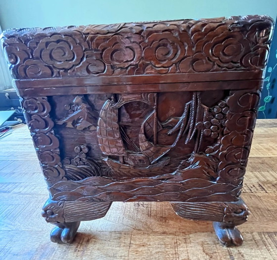 Image 1 of Antique Chinese camphor chest with rich wood carving