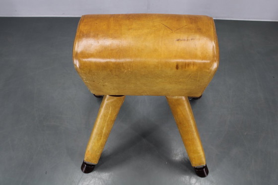 Image 1 of Tsjechoslowaaks turnpaard van leer en hout uit de jaren 50, in hoogte verstelbaar