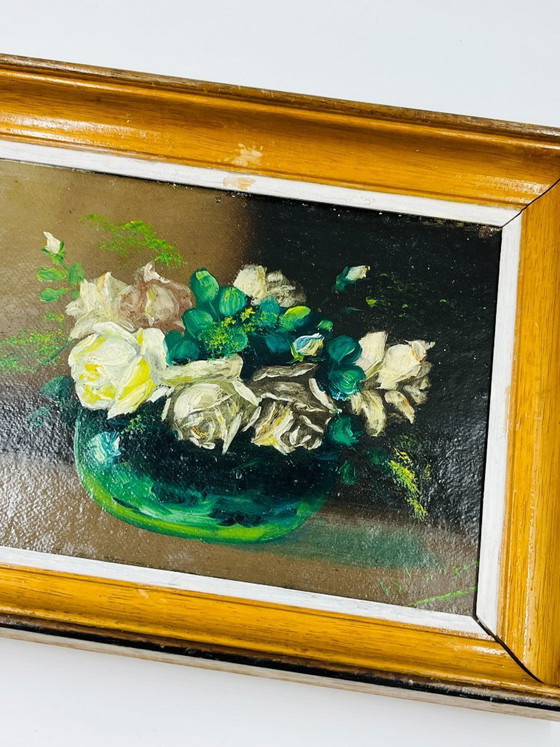 Image 1 of Paire de petites huiles florales vintage encadrées