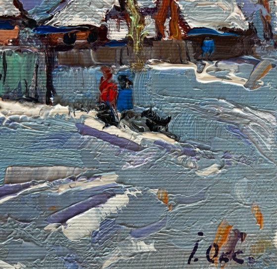 Image 1 of Original Oil Painting Winter Village Landscape The village was covered in snow