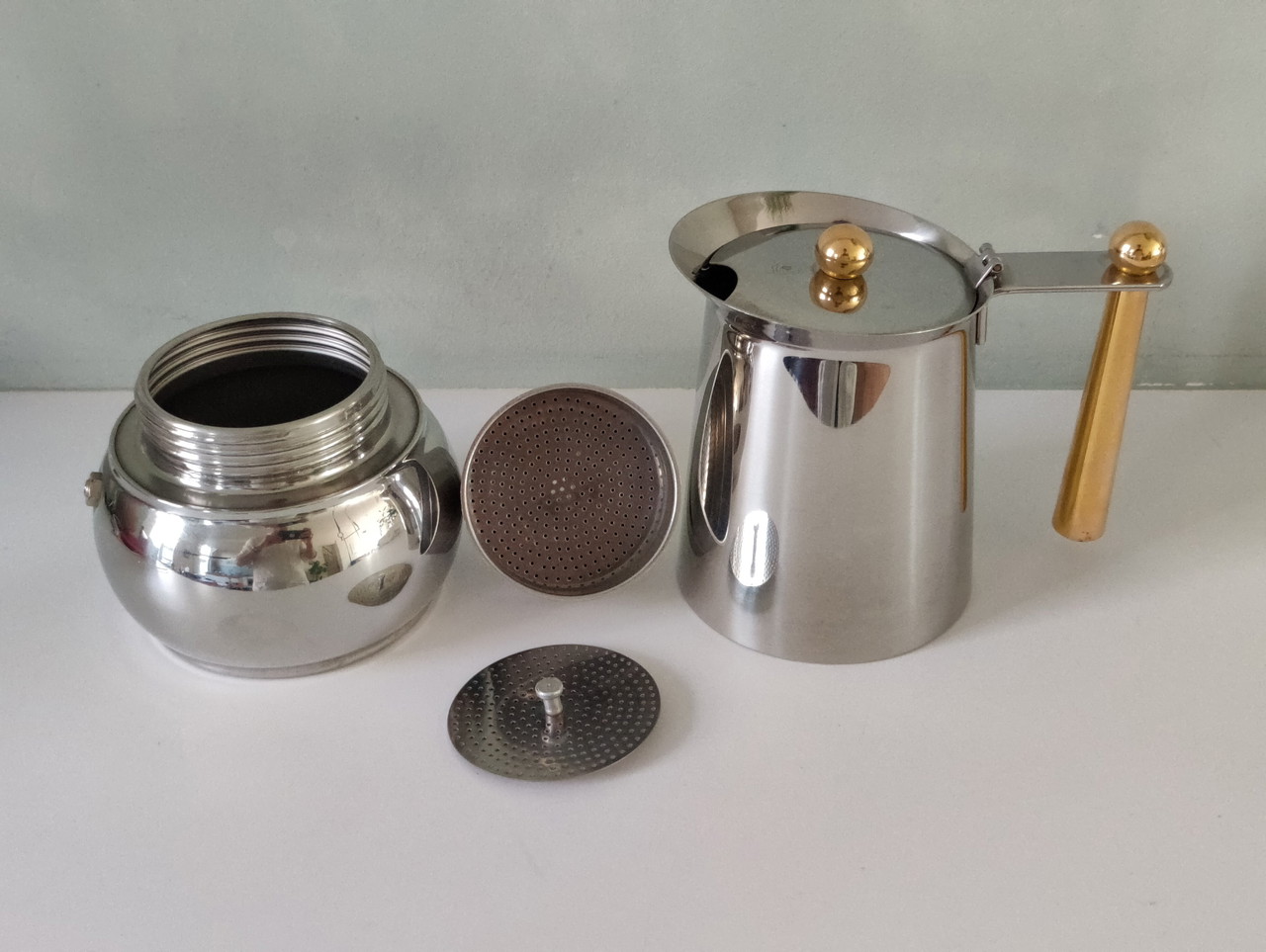 Cafetière italienne vintage Kitty Oro design G.B. - Café expresso Guido Bergna / Moka 6 tasses en acier inoxydable 18/10 et or 24 carats - France