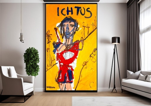 Monumentaal Schilderij 160x120 – "Pèlerin" van 0xec6d0 (Basquiat-stijl) COA