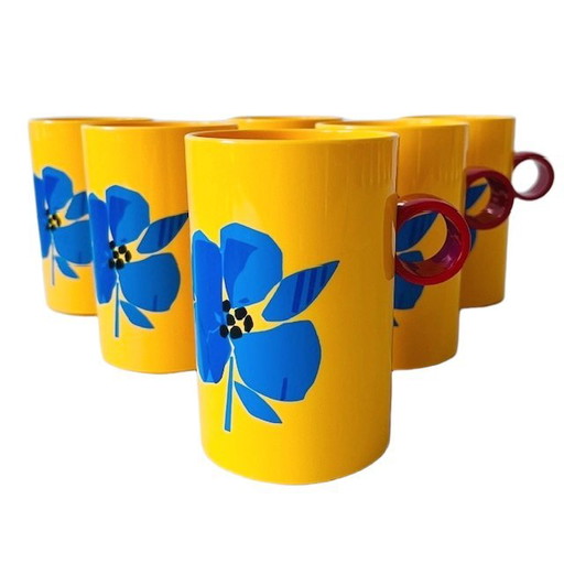 Set of plastic cups Coppia yellow blue flowers 1980's