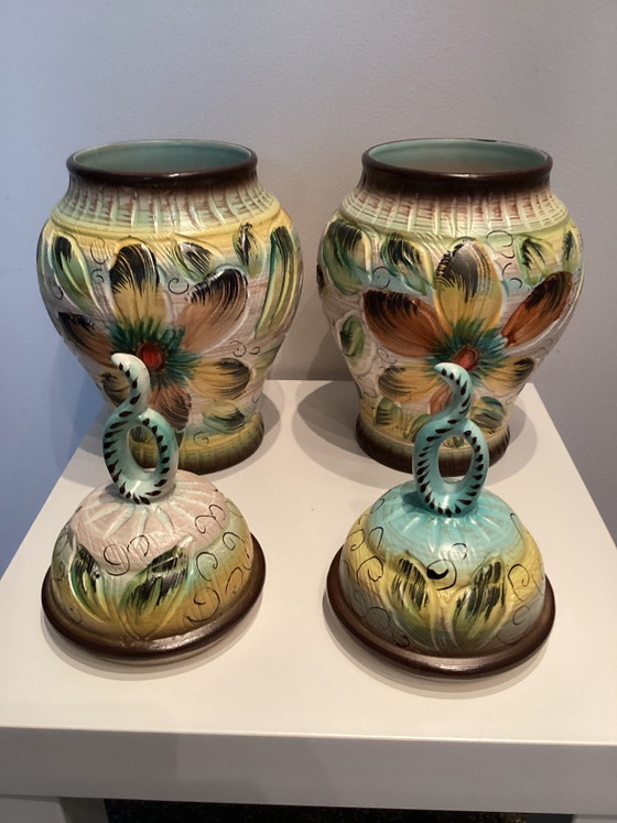 2 Vasi in ceramica dipinti a mano con coperchio di Herbert Bequet. – Bequet Hubert (photo 4 of 5)