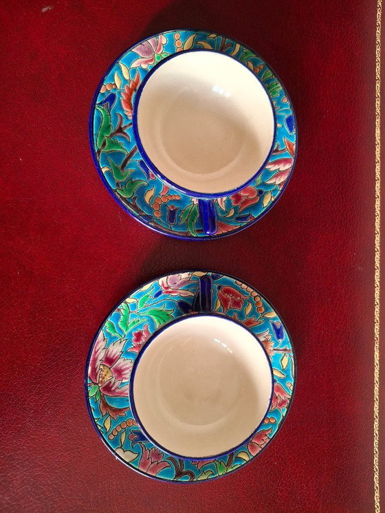 Image 1 of Tête à tête, set of 2 coffee cups and saucers in Longwy enamels