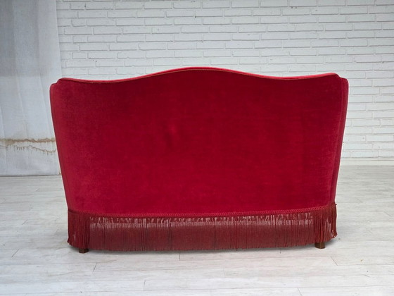1970s, Danish 2-Seater Sofa, Red Furniture Velour, Ash Wood Legs. – 2 seaters, Velvet (photo 11 of 20)