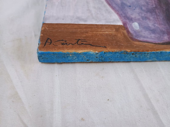 Image 1 of Signed Italian Faience Wall Tile by Aconte, Hand Painted Floral Still Life, Made in Italy Vintage Ceramic Art