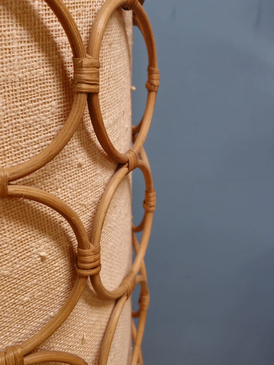Image 1 of Vintage Vloerlamp Hout, Stof & Rotan Staande Lamp