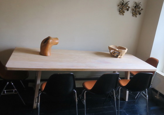 Image 1 of Large Brutalist Limed Oak Trestle Table 1940s