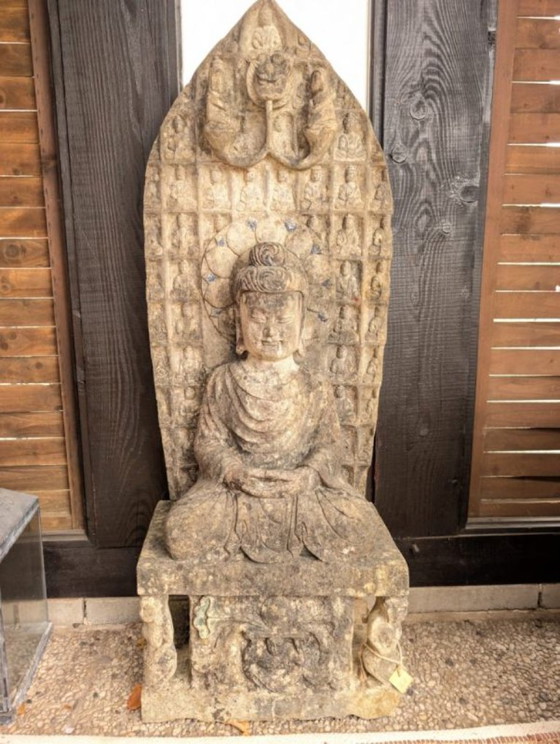 Image 1 of Large Himalayan limestone Buddha stele with naga and temple relief