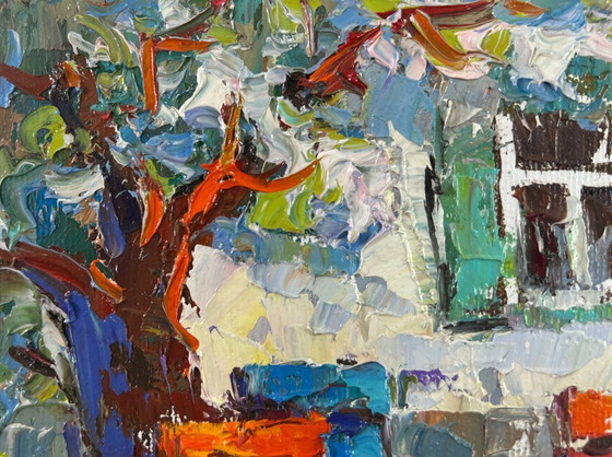 Image 1 of Original Oil Painting Spring House Landscape Backyard moments