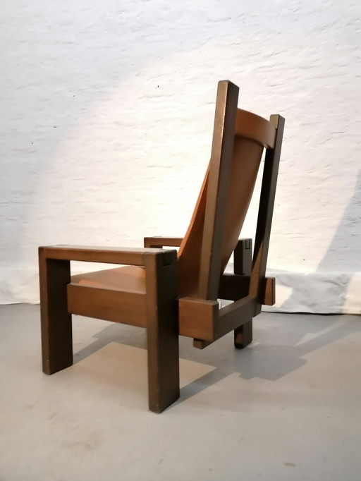 Brutalist style armchair, wood and leather, 70s