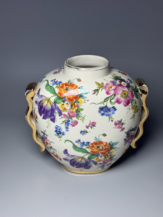Boch Frères Keramis, Art Deco Vase, “Fleurs des Saxe” Decoration -Belgium, Ceramic, Gold (photo 3 of 15)