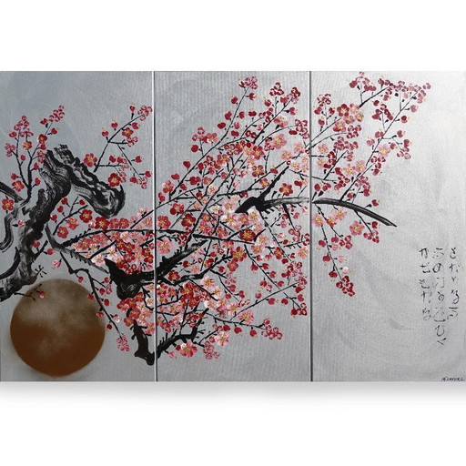 Sakura japonais J406 - grand triptyque en argent