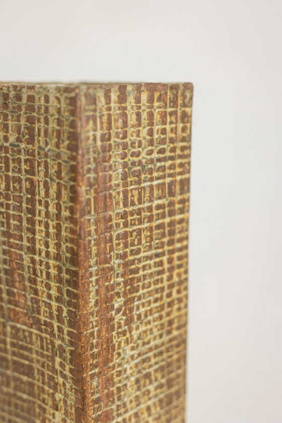 Image 1 of Brutalist style stoneware vase with plant decoration. Year 1977.