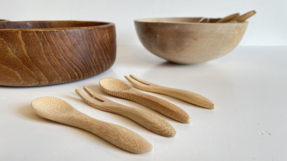 Image 1 of Set di 3 ciotole + 12 mini posate in legno e teak