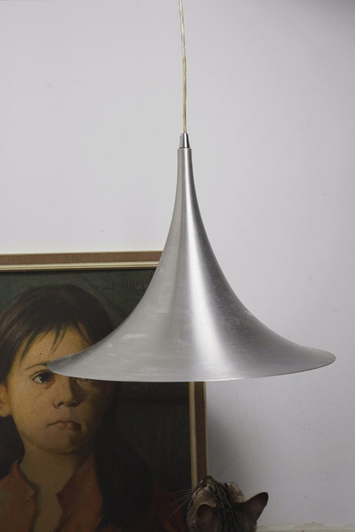 Trumpet Ceiling Lamp Mid Century Modern Tulip Witch Hat Large Vintage Pendant Light Brushed Aluminium Metal Shade Space Age