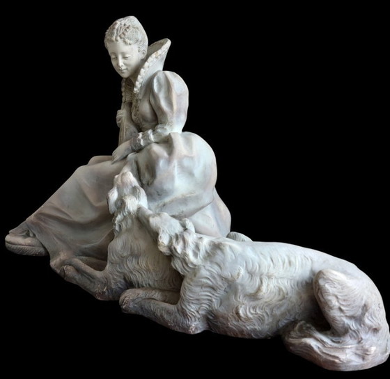 Image 1 of Art Deco sculpture of a seated lady with dogs