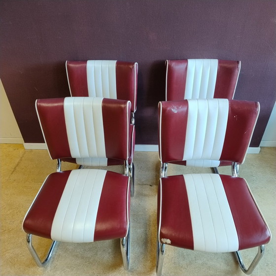 Image 1 of Bel Air Retro Esszimmerstuhl aus den Fünfzigern (4xRubinrot und 4xSchwarz)