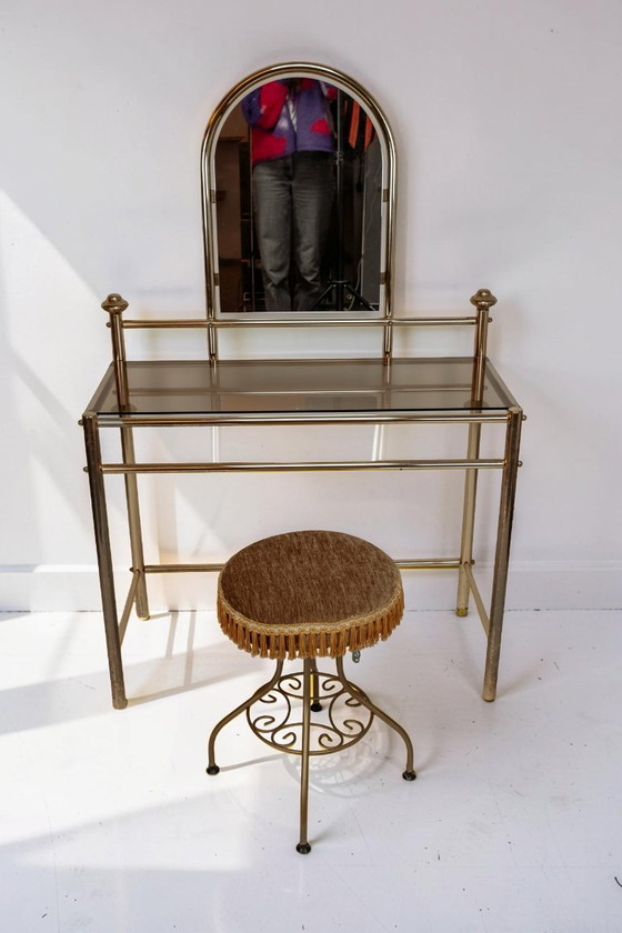 Image 1 of Vintage brass vanity table with stool