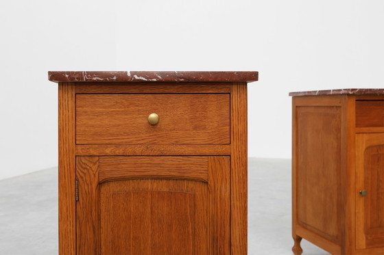 Image 1 of Pair of French Art Deco Nightstands in oak with marble tops, 1930s 