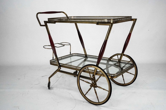 Image 1 of Mid-Century Italian Brass and Glass Bar Cart by Cesare Lacca. Italy 1950s