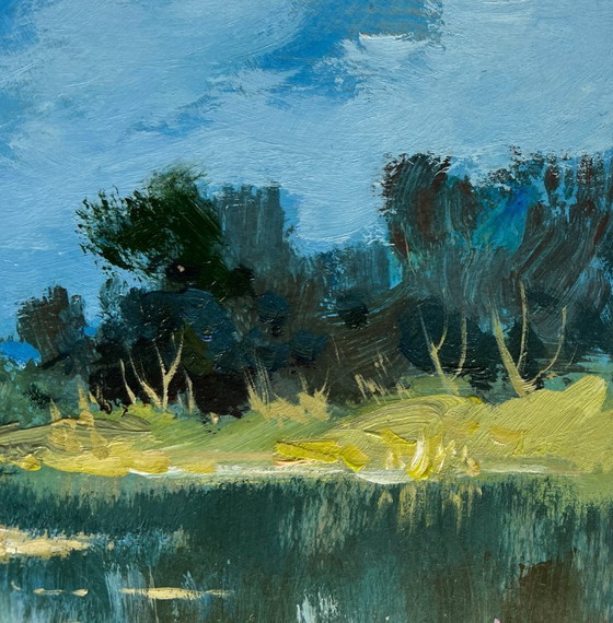 Image 1 of Original Oil Painting Summer River Landscape Reflection of green forest