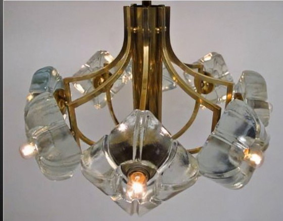 Image 1 of Sische Simon & Schelle chandelier, 8-light, brass, crystal glass, floral design, 1970s