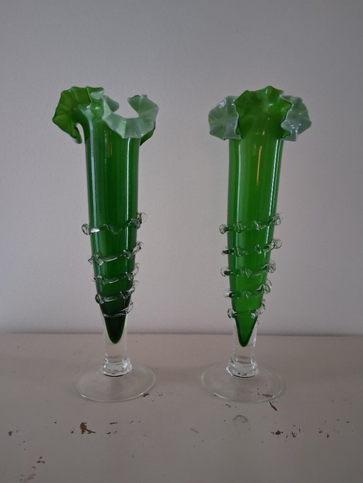 2 elegant vases made of Murano glass, green with white.