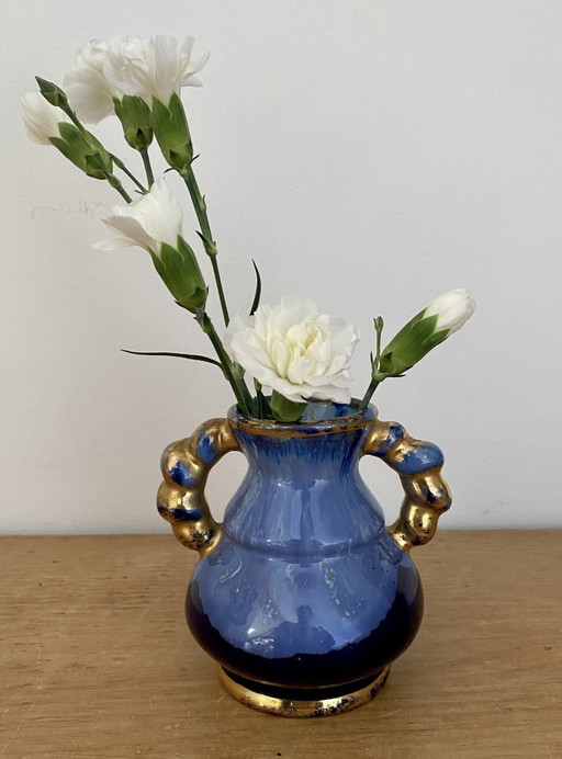 Vase Vintage Art Déco En Grés Bleue Et Dorée