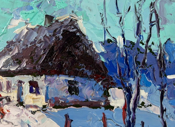 Image 1 of Original Oil Painting Winter Village Landscape The house sleeps in the snow