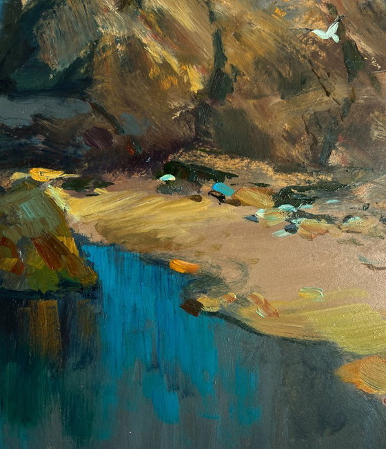 Image 1 of Original Oil Painting Coastal Mountain Landscape Sunlight through the clouds