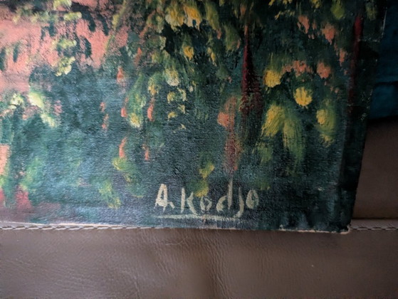 Cuadro al óleo de estilo antiguo de un pueblo de África Occidental sobre lienzo, 86 cm x 52 cm. (photo 7 of 10)