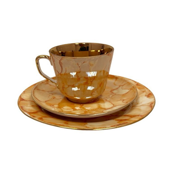 Image 1 of Chodzież "Trio" breakfast set – marbled gold design, PRL era (1970s).