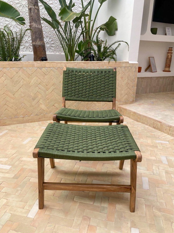 Image 1 of Marokkanischer Sessel aus Walnussholz mit grüner Kordel, handgefertigter Boho-Akzentstuhl