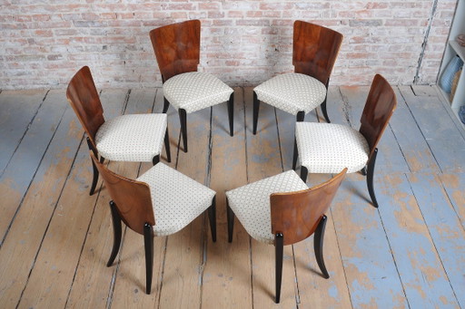 Set van zes gerestaureerde art-deco stoelen, van Halabala, UP Závody, beukenhout, Tsjechië, jaren 1930. – eetkamerstoelen