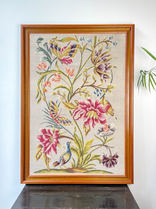 Vintage Blumen-Leinwandteppich – Retro Wandstickerei