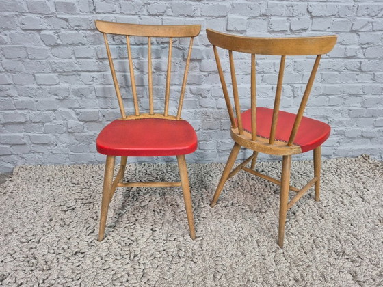 Image 1 of Vintage Design Set of Four Spindle-Back Kitchen Chairs – Beech Wood with Red Leatherette Upholstery, Northern Europe, 1960s