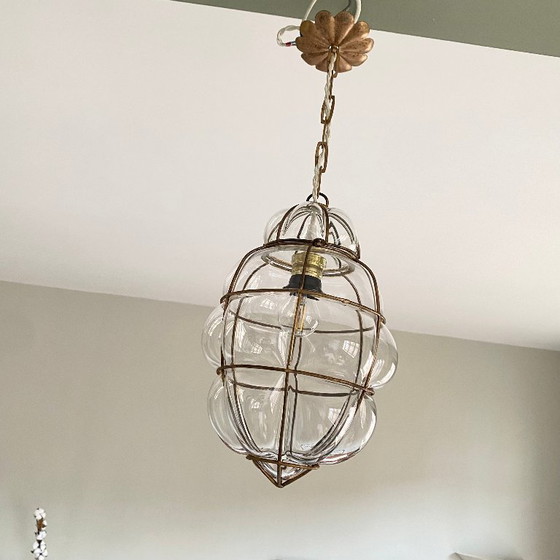 Image 1 of Lampadario in vetro sospeso in gabbia trasparente, stile lanterna veneziana, Murano antico