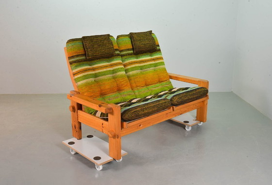 Image 1 of Yngve Ekstrom Mid-Century Scandinavian Design 2-Seat ‘Dymling’ Sofa in Pinewood and Rainbow Fabric for Swedese. Sweden, 1970s.