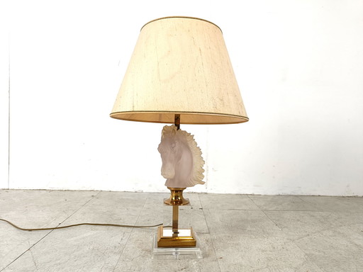 Vintage paardenkop tafellamp van messing en glas