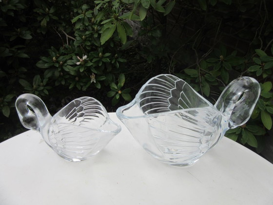 Image 1 of 2 Glass Swan Jugs, large and small, same patteen, possibly Walther Glass, vintage 