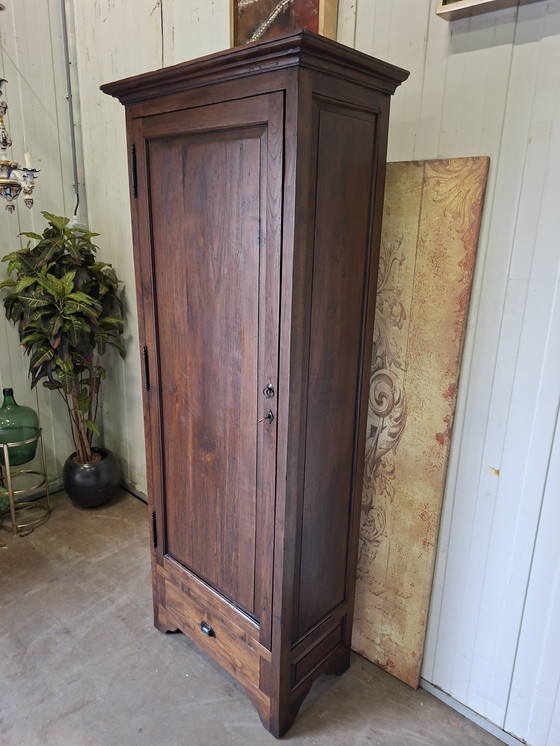 Image 1 of Rustic tall, narrow teak cabinet with shelves, dimensions: 81x46cm and 201cm high.