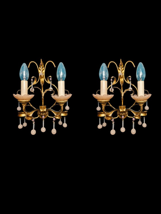 Image 1 of Murano-style pink opal glass lighting set – 6-light chandelier + 2 wall lights