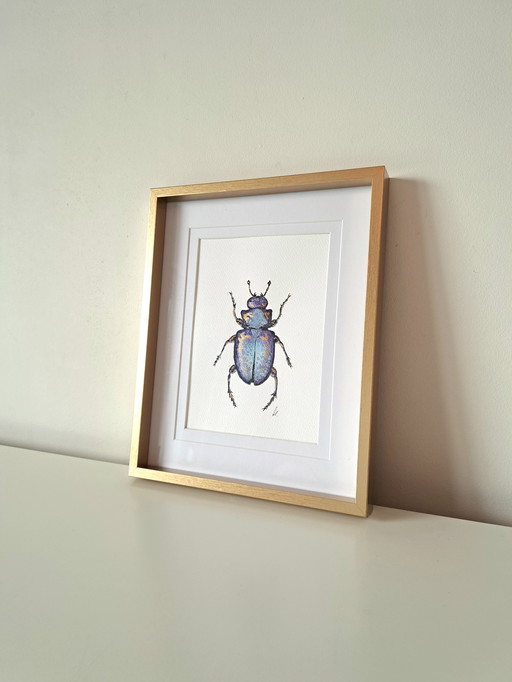 Watercolor painting Scarab blue gold | Gold-colored frame