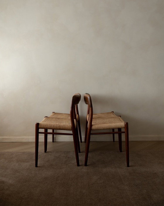 Image 1 of Vintage Danish Dining Chairs Model 75 by Niels Otto Møller for J.L. Møllers Møbelfabrik, Teak Paper Cord Chairs, 1950s, Set of 4