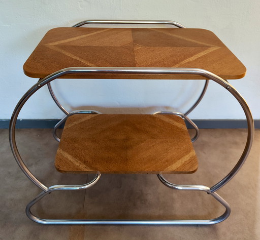 Art Deco / Bauhaus side table - tubular frame and veneer top